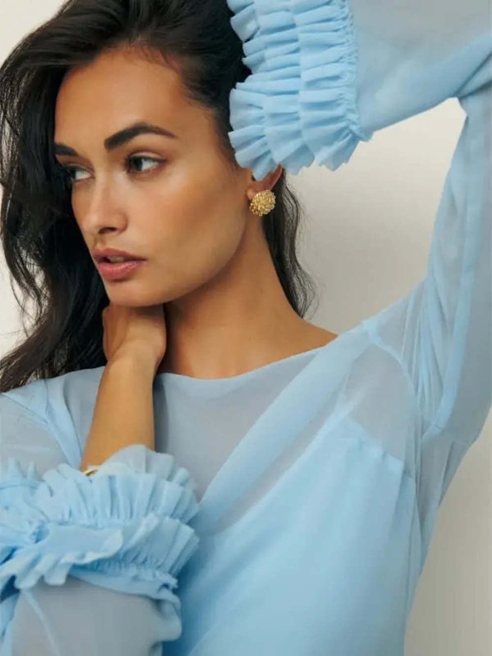 Reformation Avalina Sheer‎ Long-Sleeve Mini Dress Light Blue 4 MISSING SLIP - Picture 2 of 16